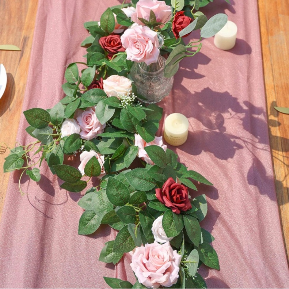 5.8 feet Pink Blush Burgundy Dusty Rose Flower Wedding Garland Ivy Greenery